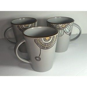 (3) Threshold Vermilion Stoneware Coffee Cup Mug Gray w/ Multi-Colored Floral